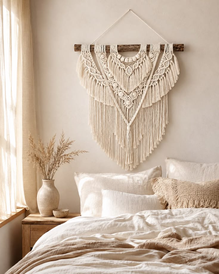 Décoration murale en macramé faite main, petite tapisserie bohème en coton, tapisserie bohème faite main, chambre d'enfant ou salon aux tons neutres tenture murale en macramé