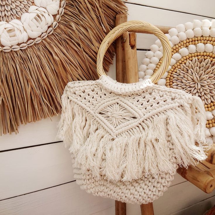 Sac cabas en crochet, blanc My Bliss Home sac cabas en macramé avec hanse en bois