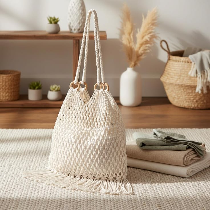 Sac en macramé à franges _ Cabas en coton crème avec poignées en bois _ Cliente bohème sur le marché de la plage sac cabas en macramé avec attaches en bois