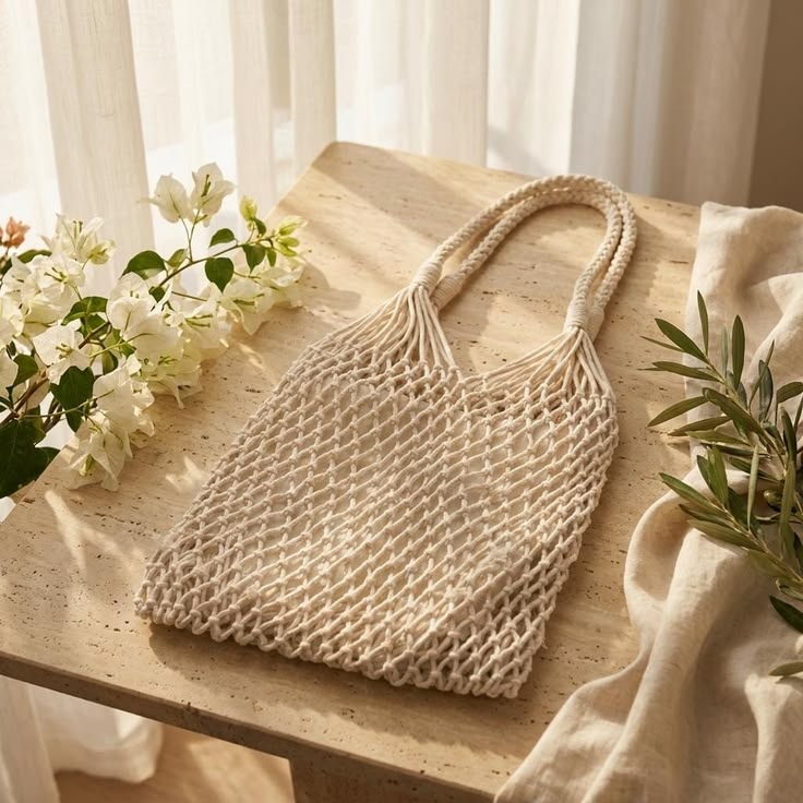 Sac fourre-tout en filet macramé tissé à la main, sac à bandoulière de plage bohème, fourre-tout en filet de coton, sac à main de vacances d'été, cadeau pour elle cabas en macramé sipmple