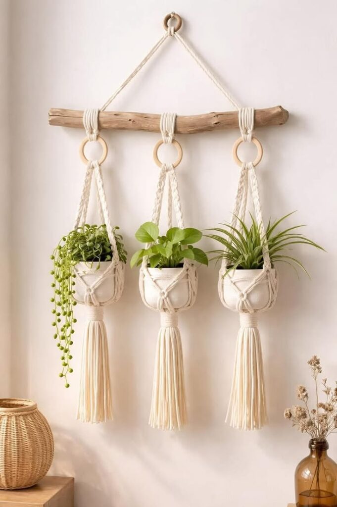 suspension pour plantes en macramé avec attaches et bois